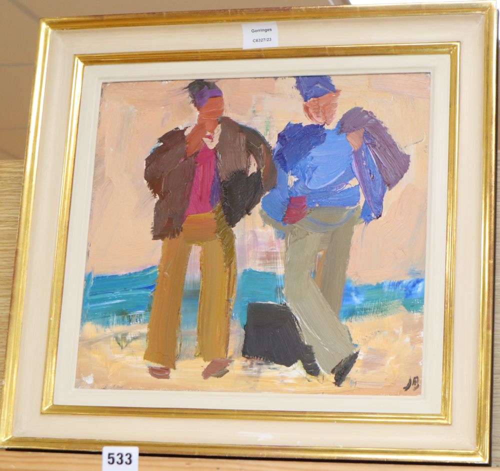 Julian Bailey (1963-), oil on board, Two figures on the beach, initialled, 35 x 38cm